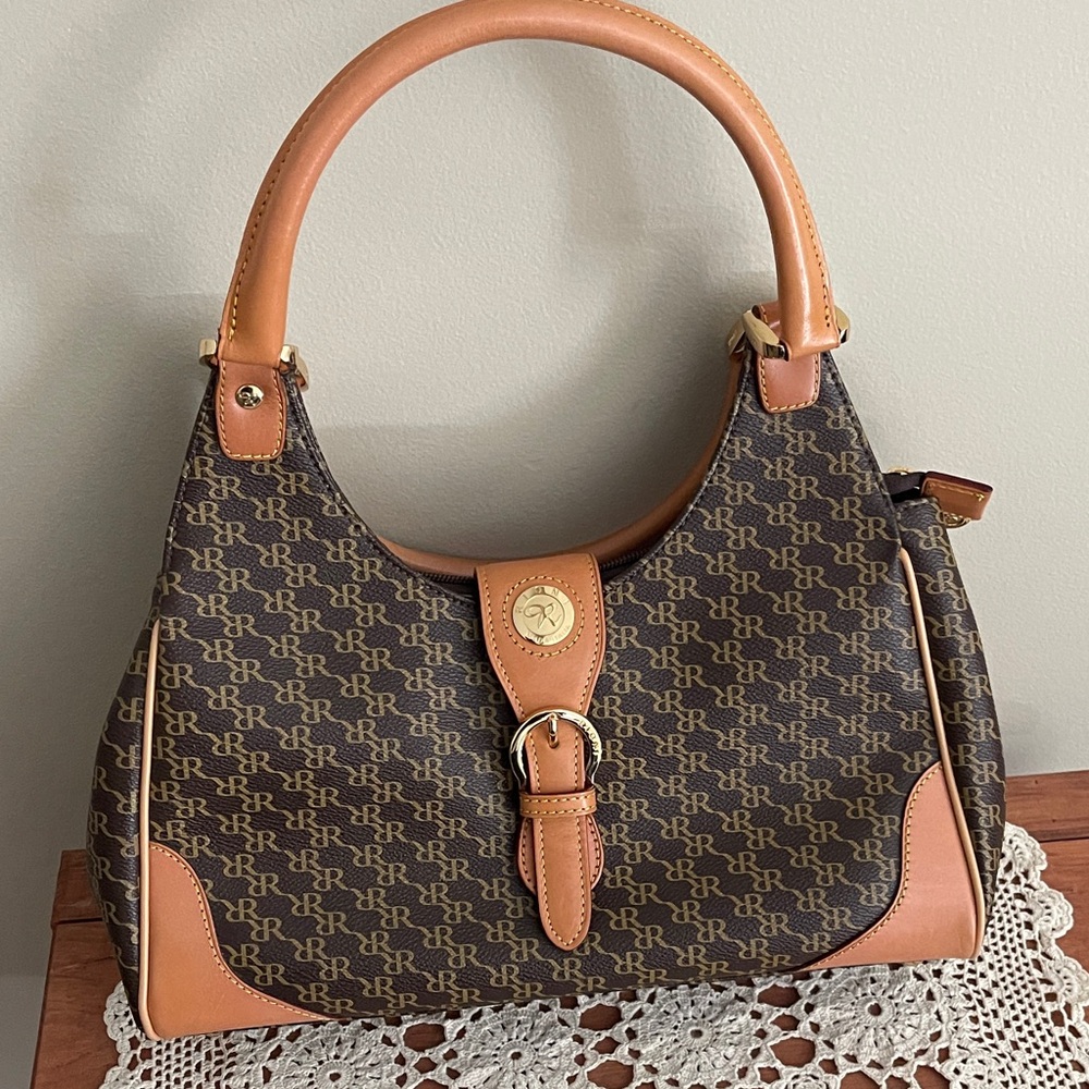 Rioni Classic Signature Brown Monogram Satchel with Tan Trim
